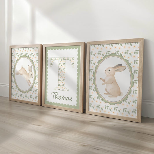 Personalised Bunny Nursery Print Set - Custom Name Initial Wall Art - RoseRowanDesign - 