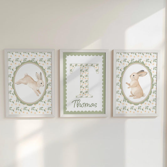 Personalised Bunny Nursery Print Set - Custom Name Initial Wall Art - RoseRowanDesign - 