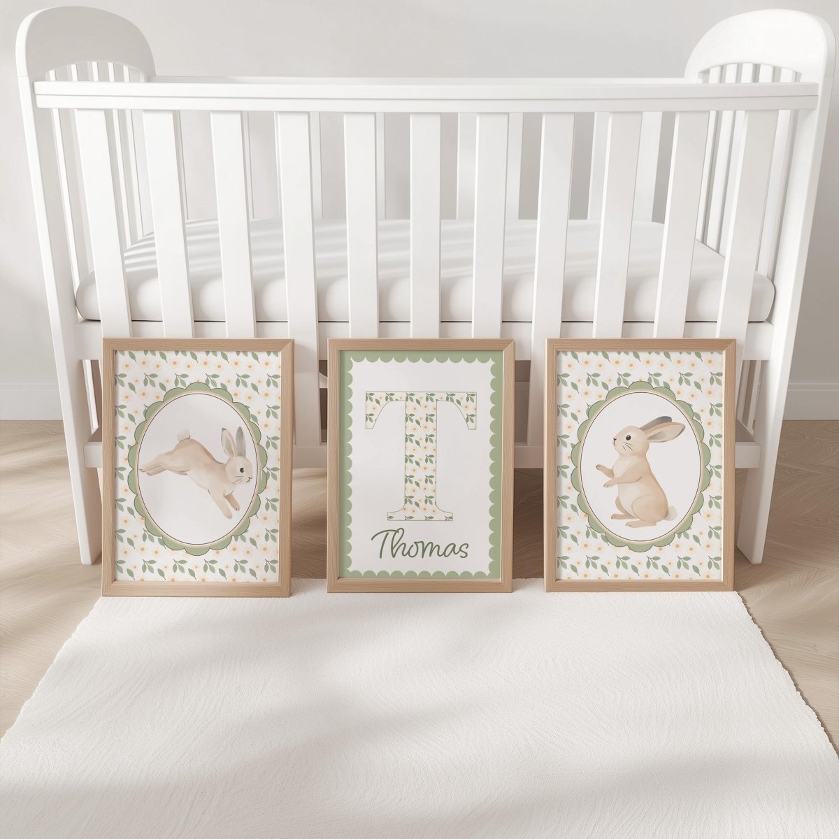 Personalised Bunny Nursery Print Set - Custom Name Initial Wall Art - RoseRowanDesign - 