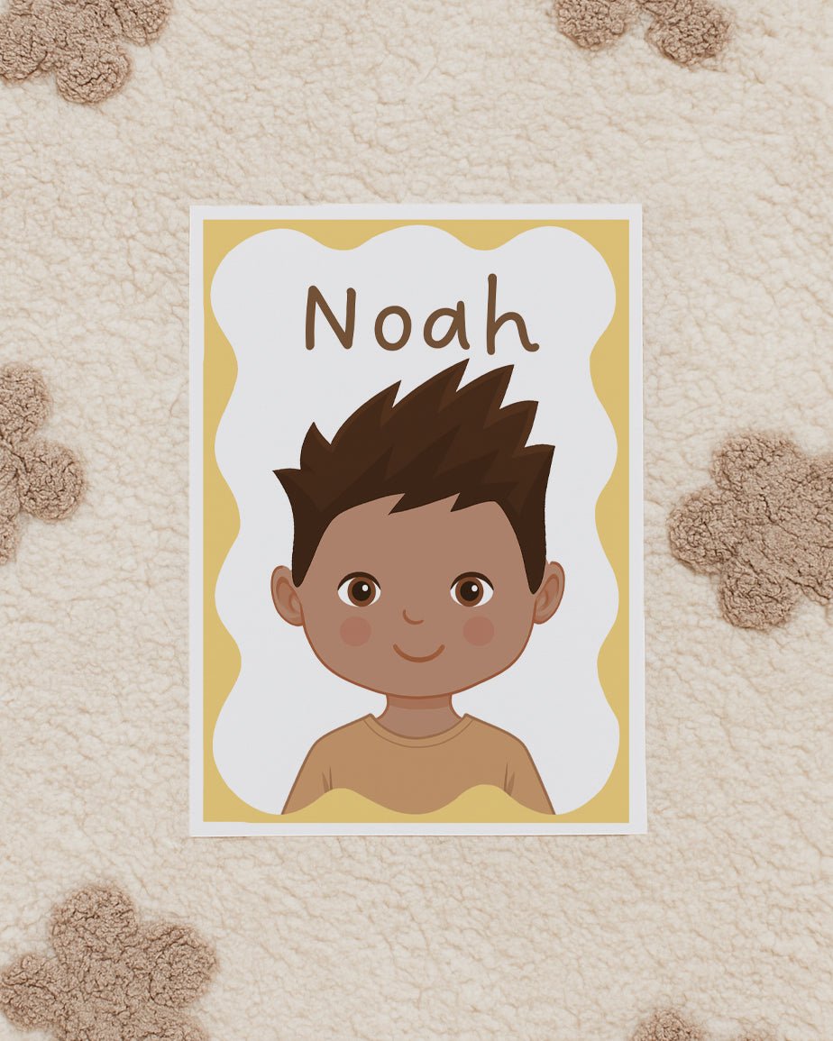 Personalised Children's Portrait Print – Custom Character & Name - Wavy Background - RoseRowanDesign - 