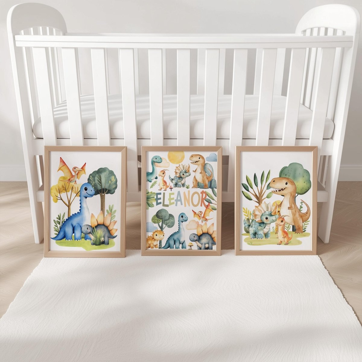Personalised Dinosaur Nursery Print Set - Custom Name Wall Art with Optional Frames - RoseRowanDesign - 