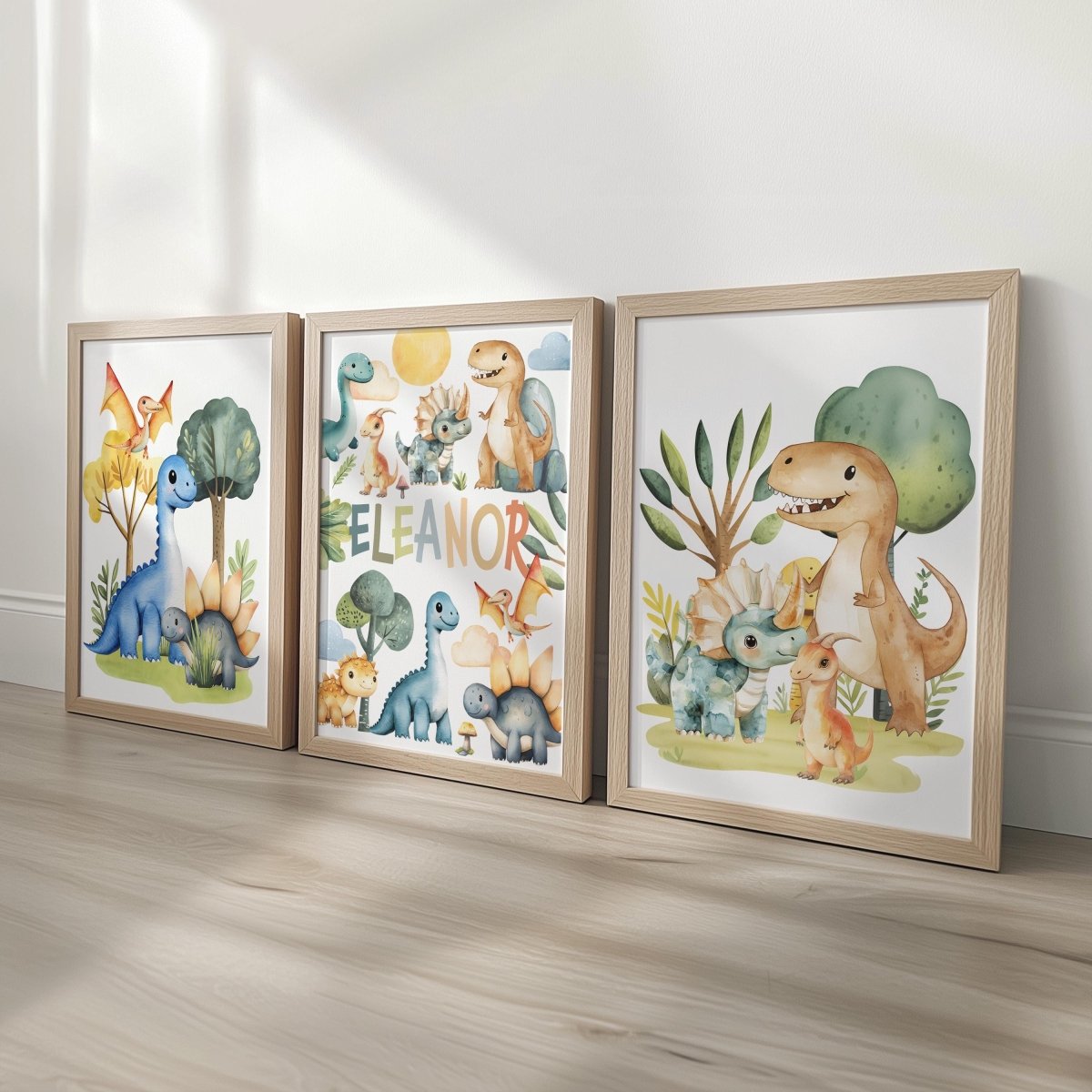 Personalised Dinosaur Nursery Print Set - Custom Name Wall Art with Optional Frames - RoseRowanDesign - 