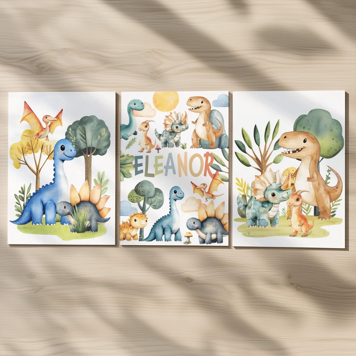 Personalised Dinosaur Nursery Print Set - Custom Name Wall Art with Optional Frames - RoseRowanDesign - 