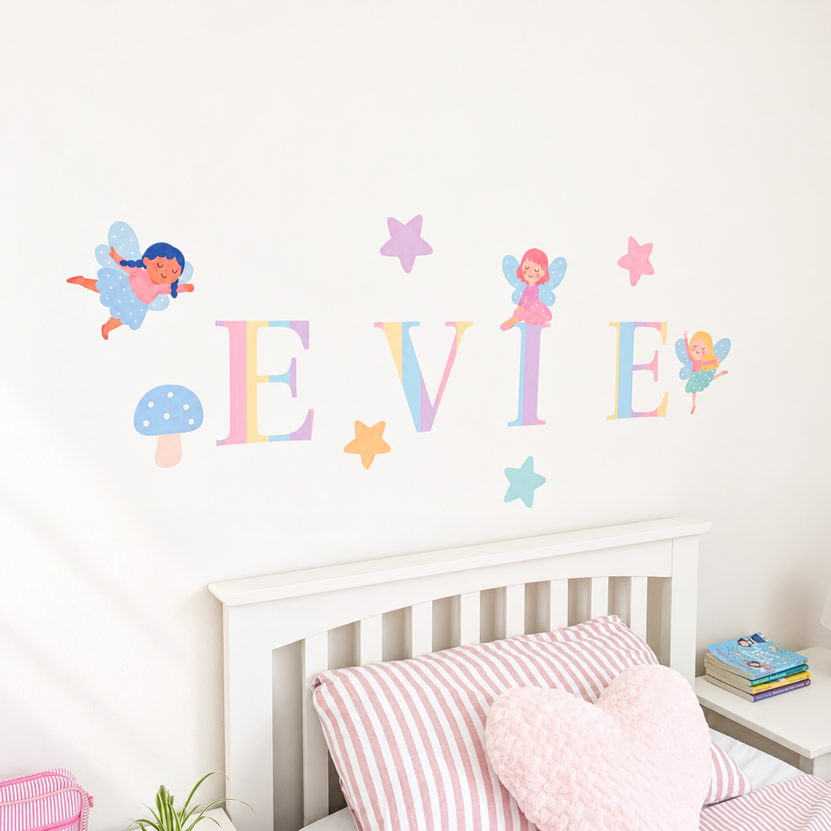 Close view of personalised name fabric wall stickers featuring pastel letters with fairies, stars and toadstools