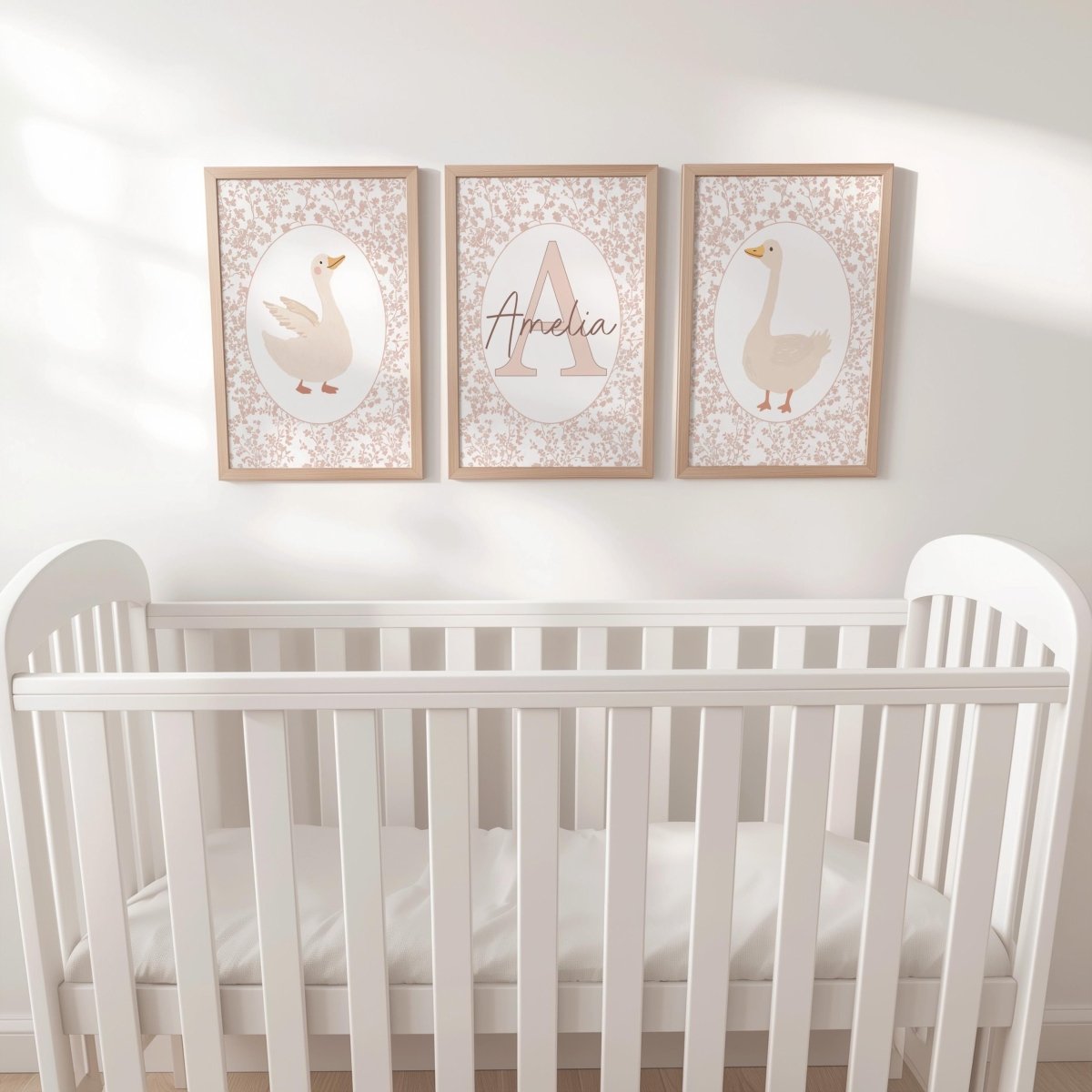 Personalised Floral Goose Prints Set - Custom Name Wall Art in Soft Pink - RoseRowanDesign - 
