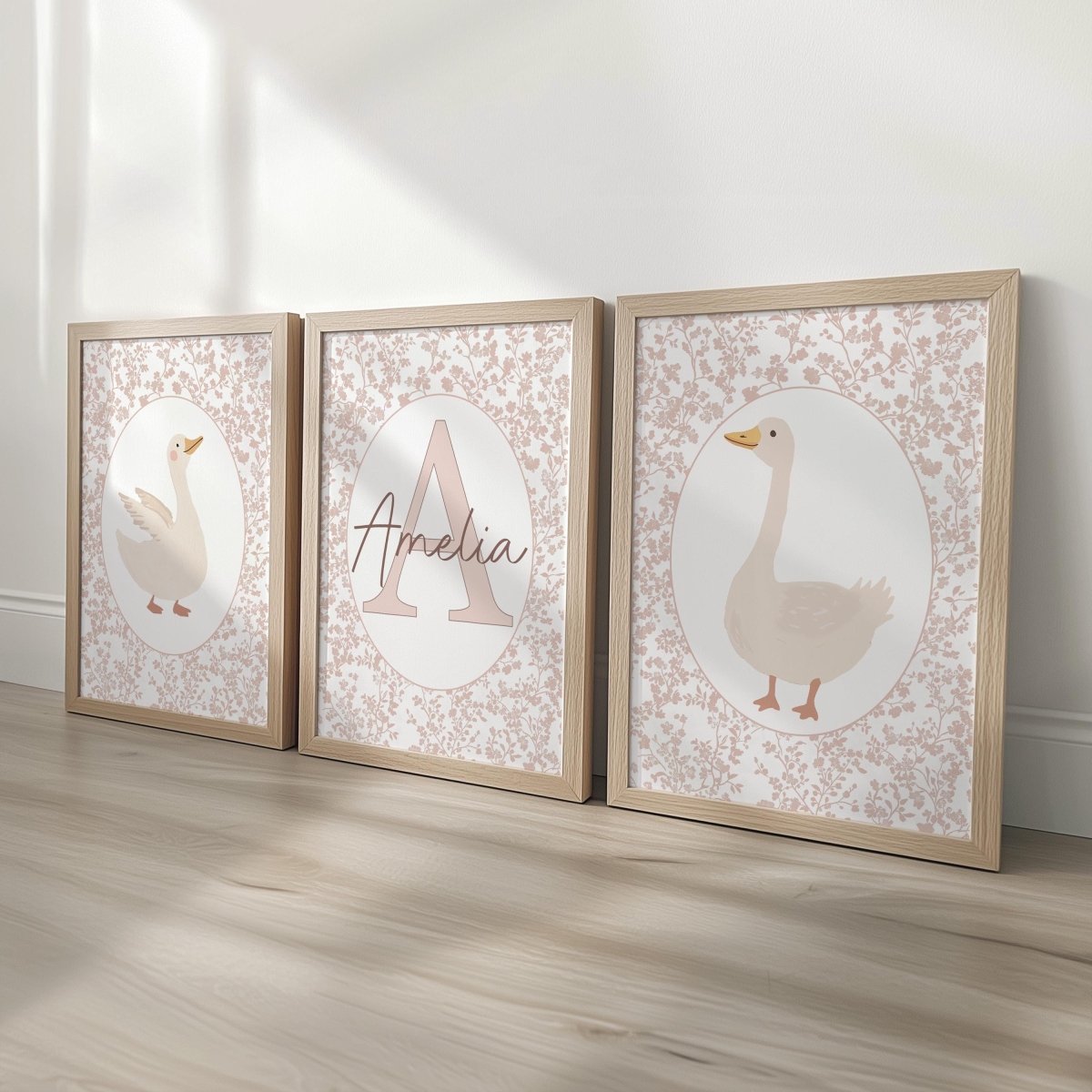Personalised Floral Goose Prints Set - Custom Name Wall Art in Soft Pink - RoseRowanDesign - 