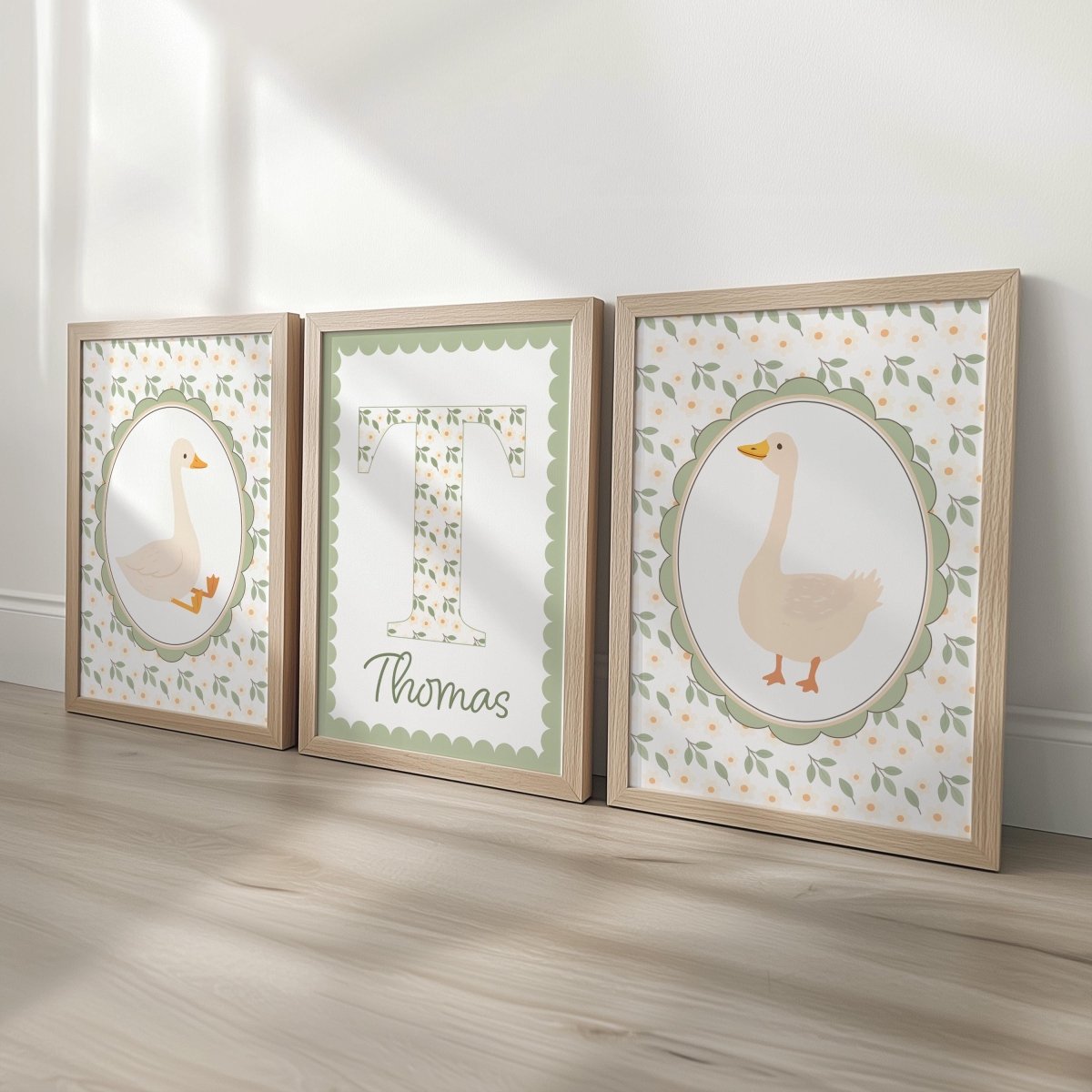 Personalised Goose Nursery Print Set – Custom Name & Initial Wall Art – Farmhouse Baby Room Decor, Optional Frames - RoseRowanDesign - 