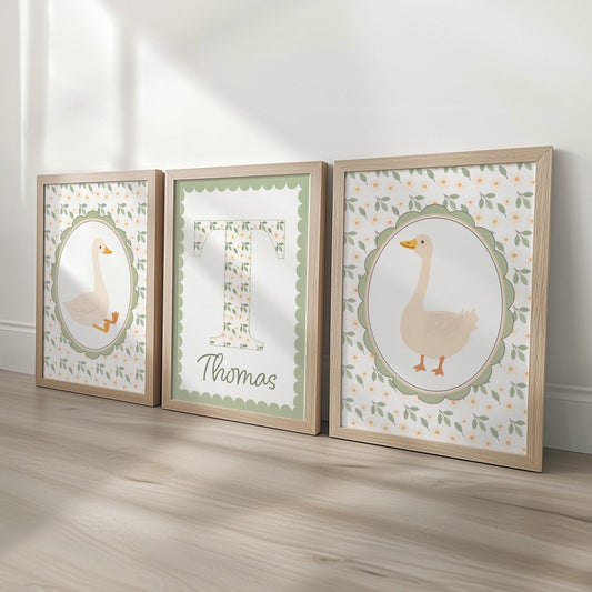 Personalised Goose Nursery Print Set – Custom Name & Initial Wall Art – Farmhouse Baby Room Decor, Optional Frames - RoseRowanDesign - 