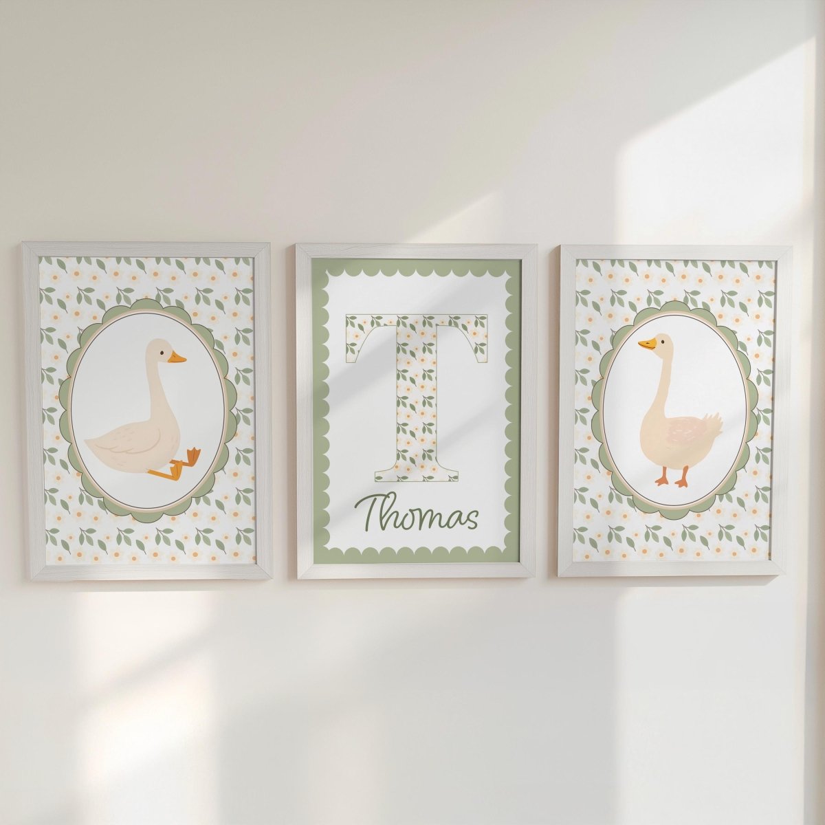 Personalised Goose Nursery Print Set – Custom Name & Initial Wall Art – Farmhouse Baby Room Decor, Optional Frames - RoseRowanDesign - 