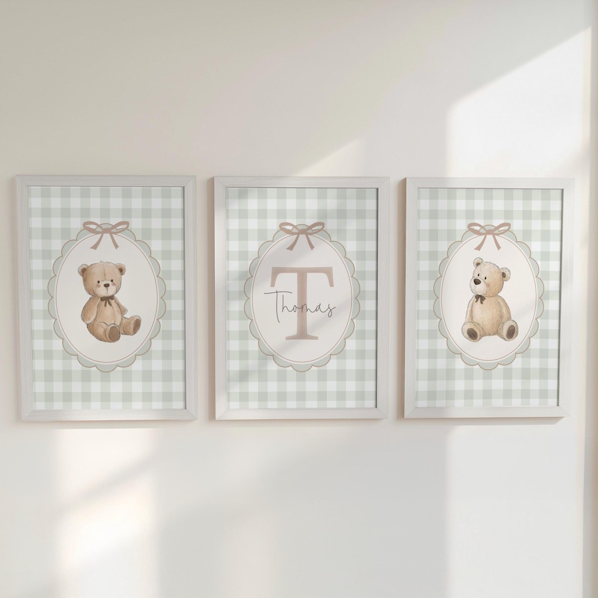 Personalised Green Gingham Teddy Bear Print Set - RoseRowanDesign - 