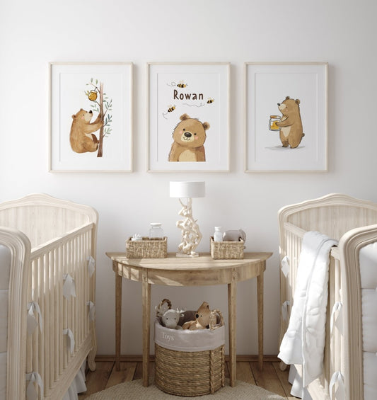 Personalised Honey Bears | Set of 3 Prints - RoseRowanDesign - Wall Art