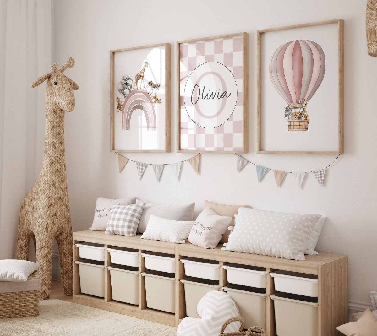 Personalised Hot Air Balloon & Rainbow Safari Animal Wall Art | Checkerboard | Set of 3 Nursery Prints - RoseRowanDesign - Wall Art