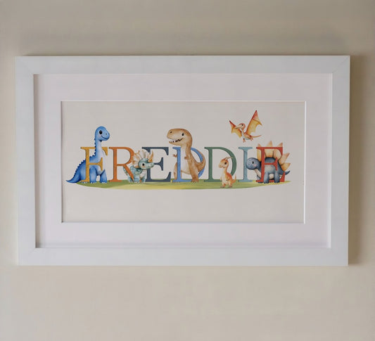 Personalised Panoramic Framed Print | Dinosaur | Oak or White Frame with Mount Included - RoseRowanDesign - Framed Print