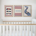 Load image into Gallery viewer, Set of three prints showing racing cars, checkerboard name print and winding race track, above cot display
