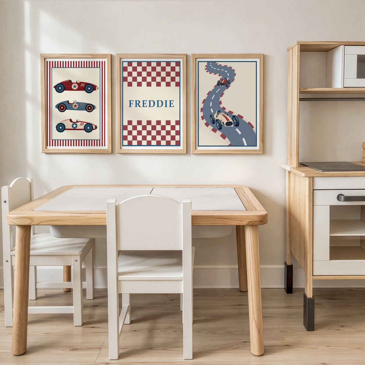 Set of three prints showing racing cars, checkerboard name print and winding race track, playroom display