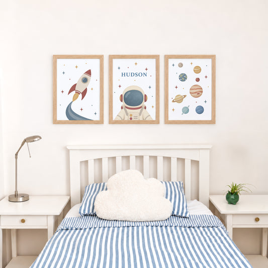 Set of three retro space prints showing rocket, personalised astronaut and planets, bedroom display
