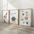 Load image into Gallery viewer, Set of three retro space prints showing rocket, personalised astronaut and planets, oak frames display
