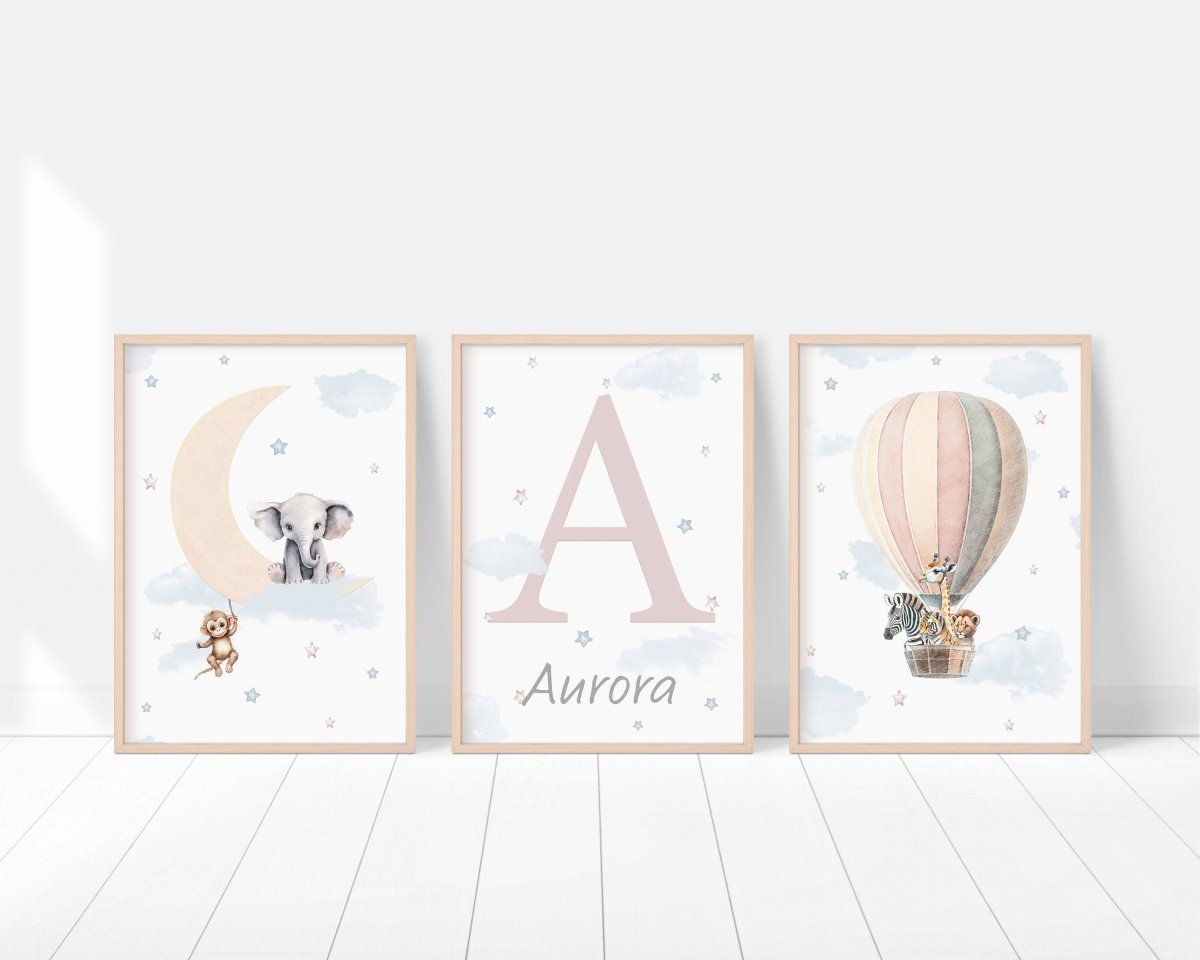 Personalised Safari Nursery Prints | Hot Air Balloon & Moon | Baby Boy Decor - RoseRowanDesign - Wall Art