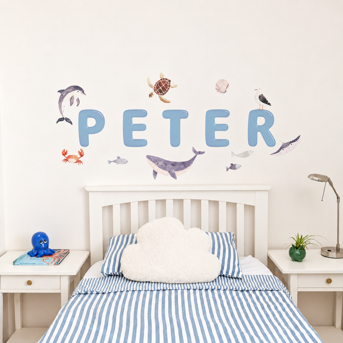 Full display of personalised name fabric wall stickers featuring blue bubble-effect letters and sea creatures