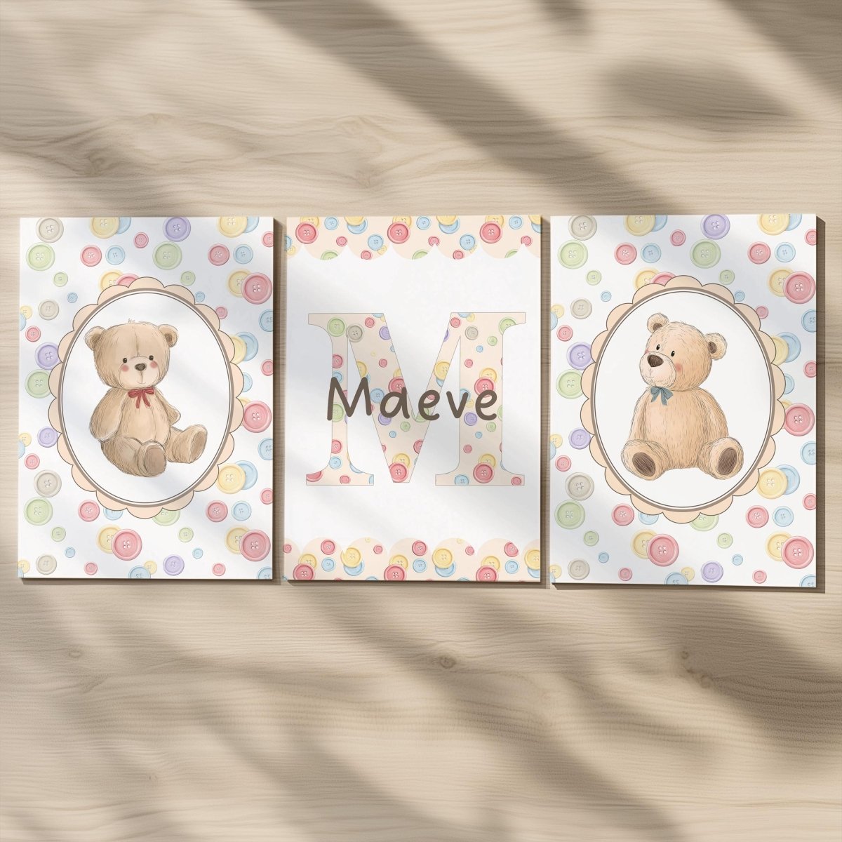 Personalised Teddy Bear Nursery Print Set - Custom Name Wall Art for Baby Room Decor - RoseRowanDesign - 