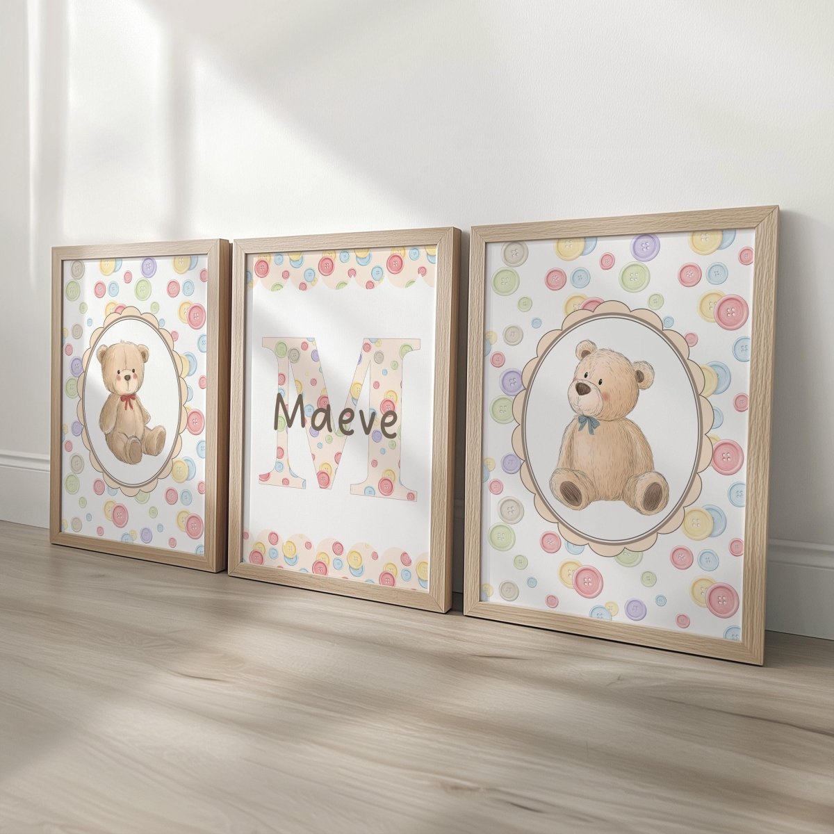 Personalised Teddy Bear Nursery Print Set - Custom Name Wall Art for Baby Room Decor - RoseRowanDesign - 