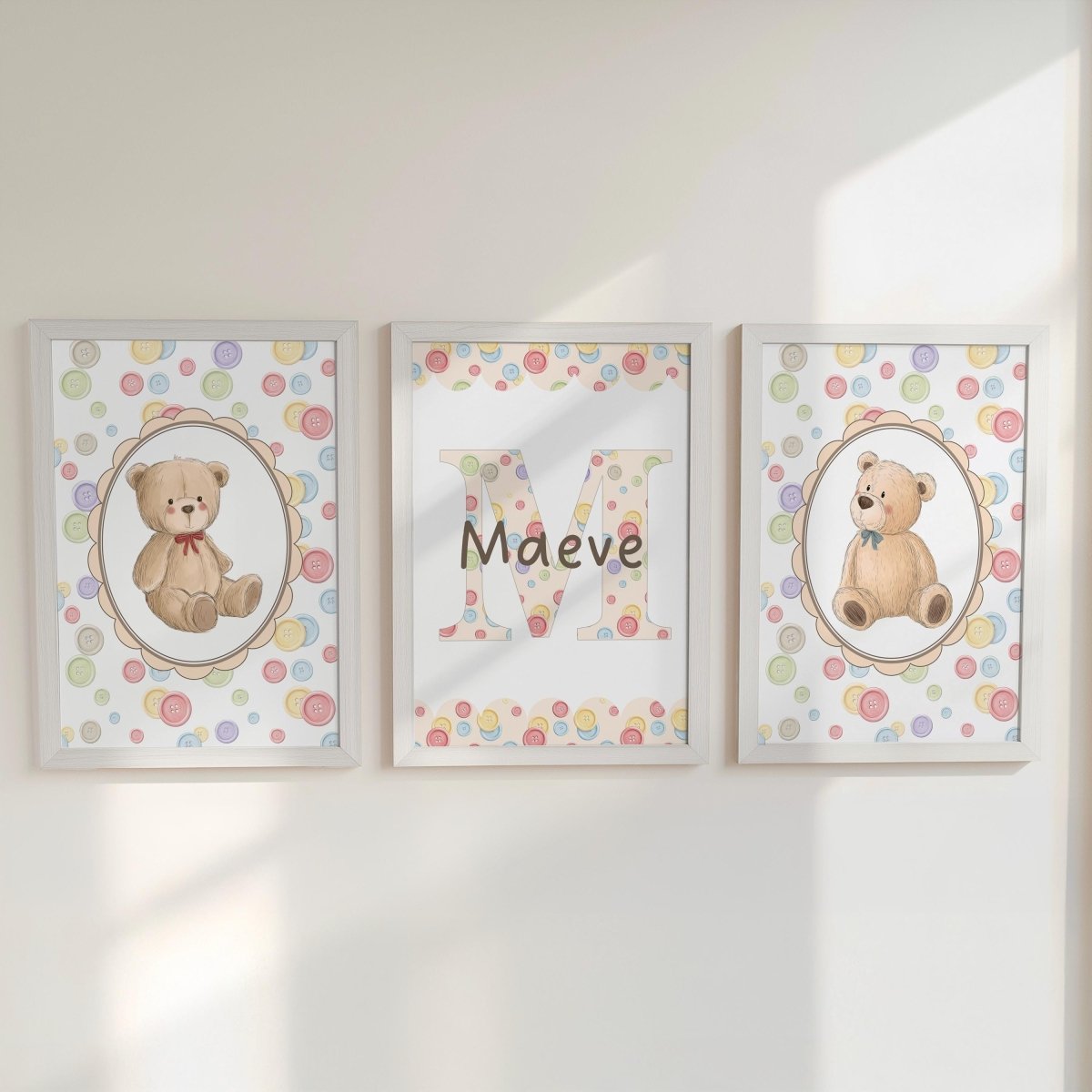 Personalised Teddy Bear Nursery Print Set - Custom Name Wall Art for Baby Room Decor - RoseRowanDesign - 