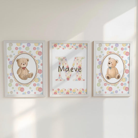 Personalised Teddy Bear Nursery Print Set - Custom Name Wall Art for Baby Room Decor - RoseRowanDesign - 