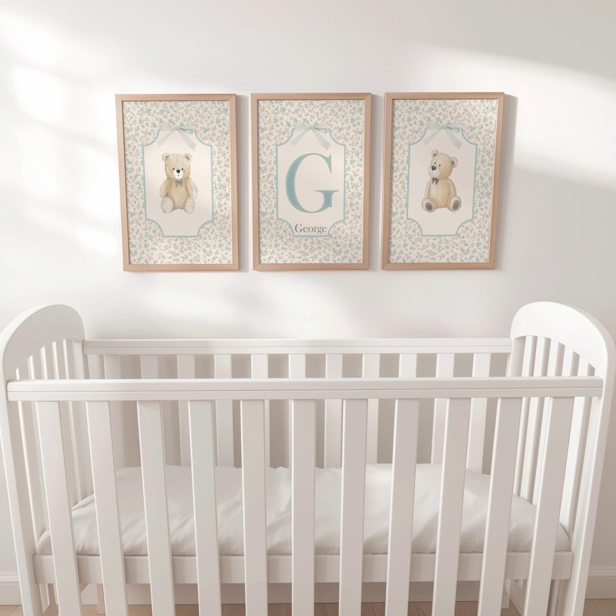 Personalised Teddy Bear Nursery Prints – Blue Monogram Wall Art Set - RoseRowanDesign - 