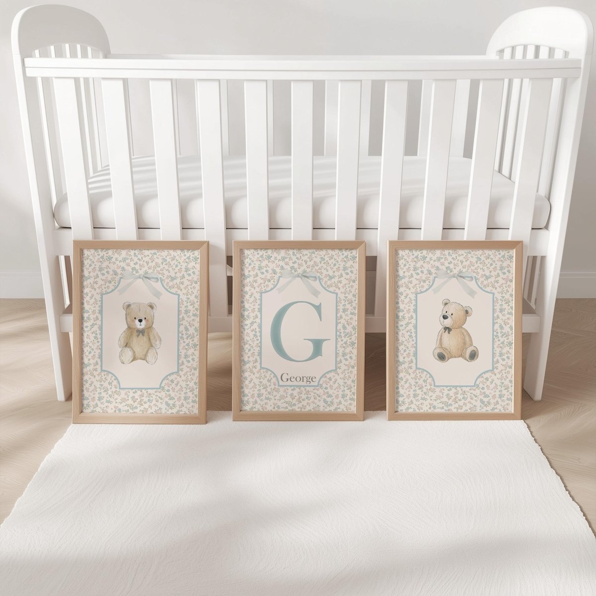 Personalised Teddy Bear Nursery Prints – Blue Monogram Wall Art Set - RoseRowanDesign - 