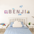 Load image into Gallery viewer, Full display of personalised name fabric wall stickers featuring road-pattern letters with a selection of vehicles
