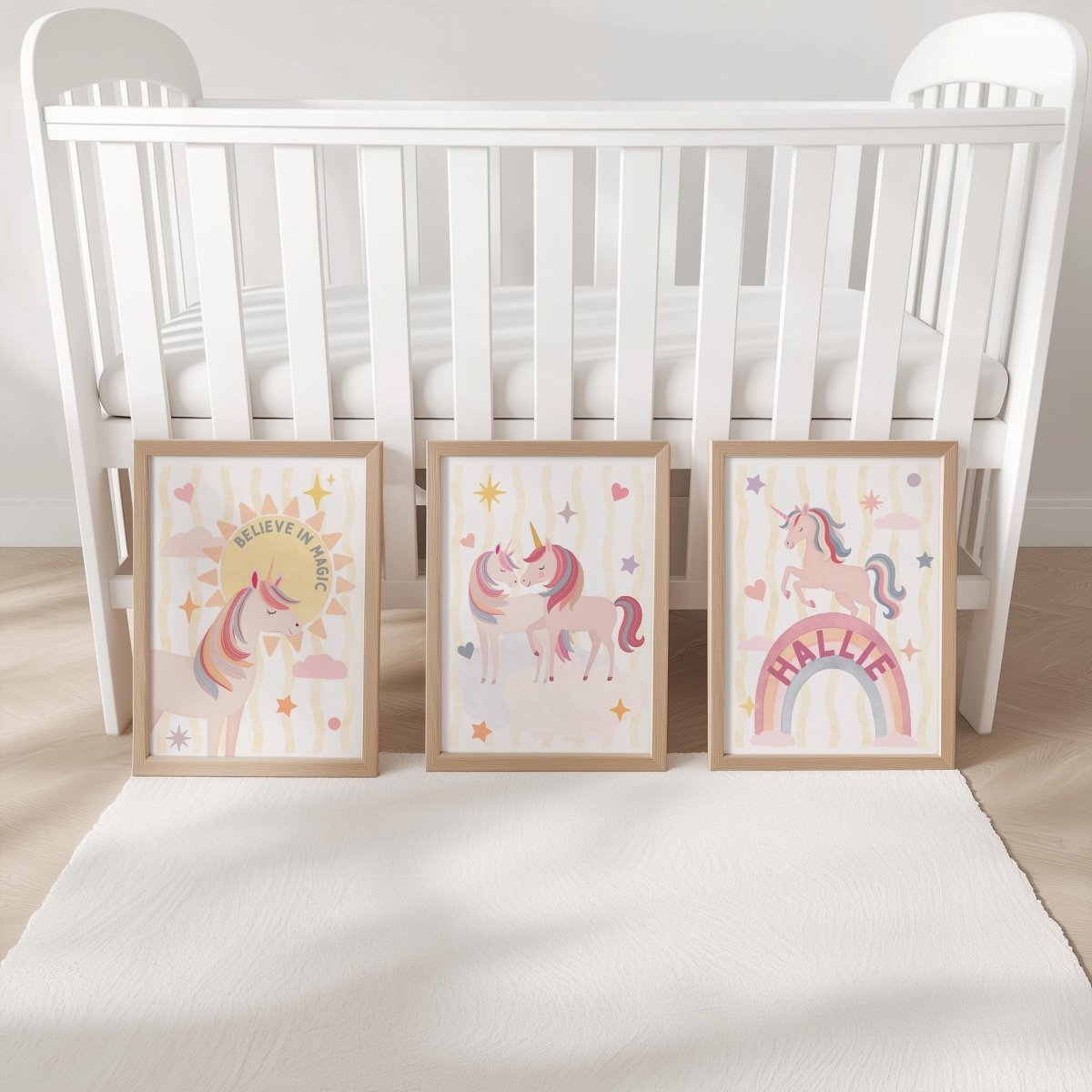 Personalised Unicorn Nursery Print Set – Pink Rainbow - RoseRowanDesign - 