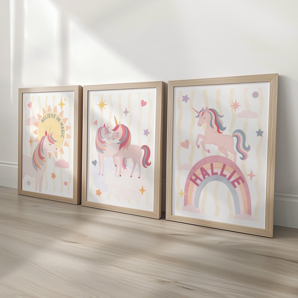 Personalised Unicorn Nursery Print Set – Pink Rainbow - RoseRowanDesign - 