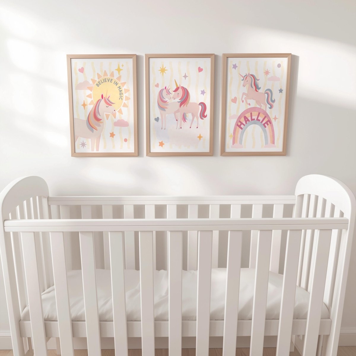 Personalised Unicorn Nursery Print Set – Pink Rainbow - RoseRowanDesign - 