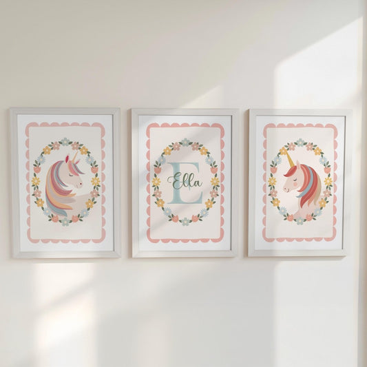 Personalised Unicorn Nursery Prints Set - Custom Girls Wall Art with Name Initial - RoseRowanDesign - 