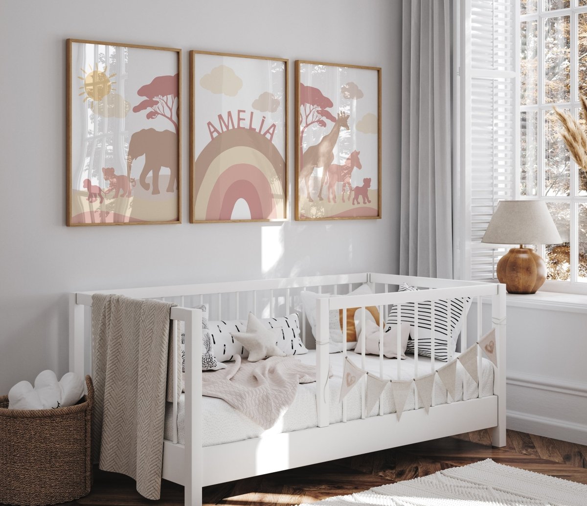Pink & Beige Safari Animals | Set of 3 Prints | Rainbow Nursery Art - RoseRowanDesign - Wall Art