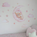 Load image into Gallery viewer, Pink sleeping teddy on a crescent moon with matching clouds and stars
