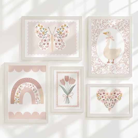Pink Wildflower Nursery Gallery Wall Art Set – Girls Floral Prints - RoseRowanDesign - Wall Art