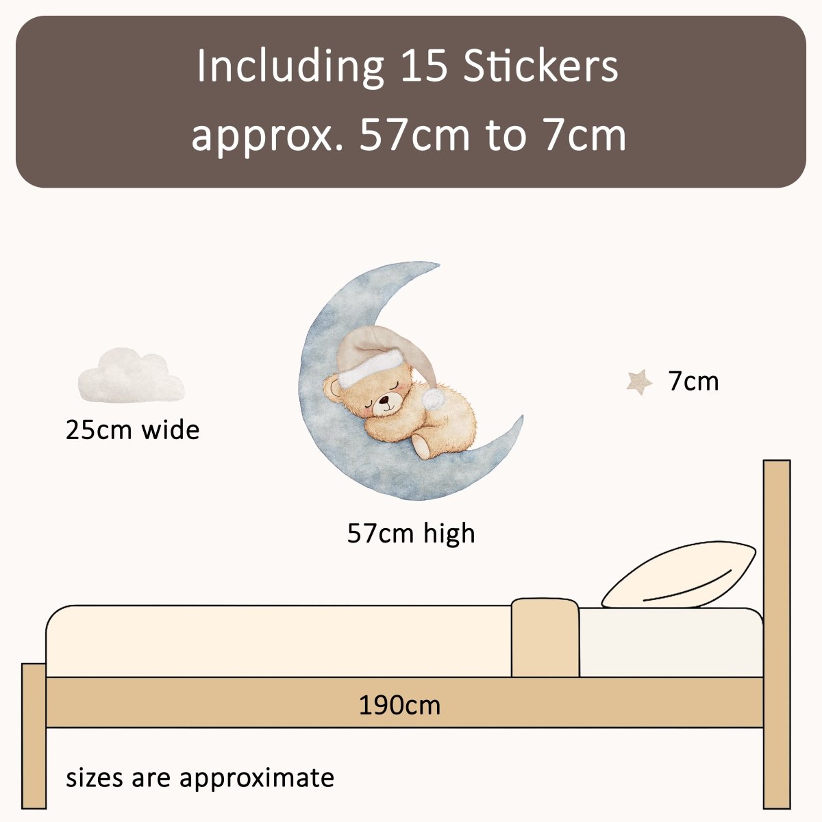 Premium Fabric Nursery Wall Stickers - Teddy Moon & Stars - 3 Colours Available - RoseRowanDesign - 
