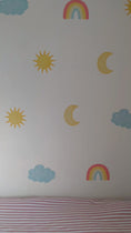 Load and play video in Gallery viewer, Sun, Moon & Rainbow Wall Stickers – Removable Fabric Weather Decals | 24 Piece Set
