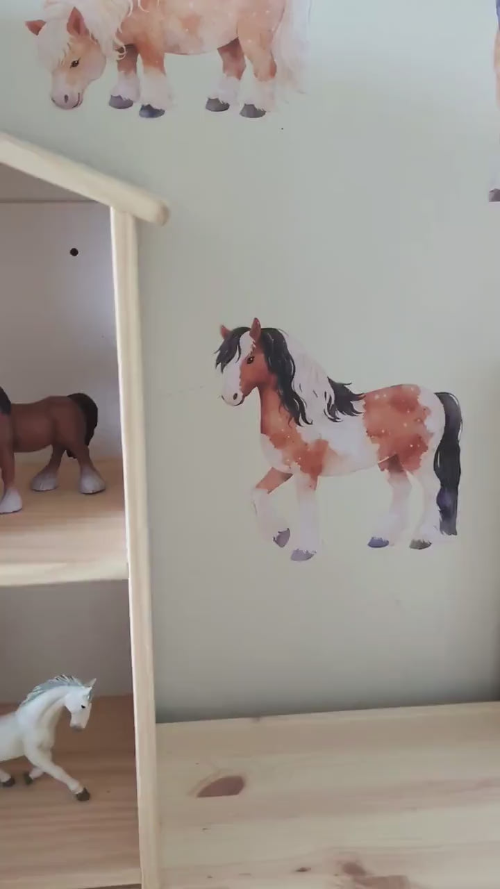 Horse Wall Decals – Set of 14 Watercolour Pony Wall Stickers for Kids Bedroom, Equestrian Nursery Décor, PVC Free Fabric Wall Decals