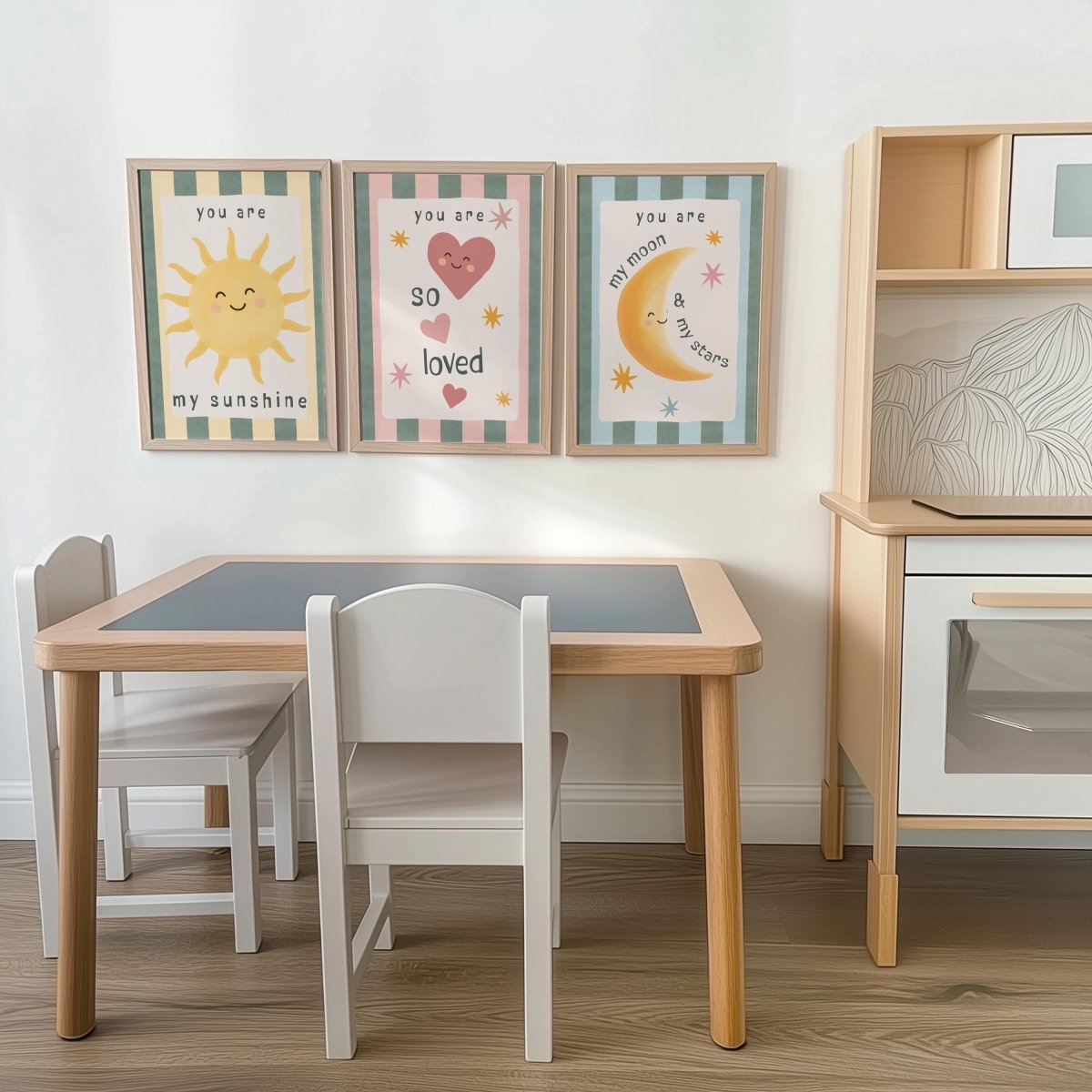 Retro Nursery Wall Art Set - Sunshine Moon Heart Prints with Optional Frames - RoseRowanDesign - 