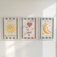 Load image into Gallery viewer, Retro Nursery Wall Art Set - Sunshine Moon Heart Prints with Optional Frames - RoseRowanDesign - 
