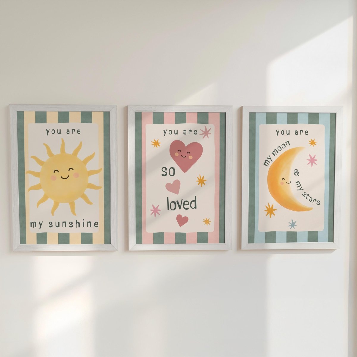 Retro Nursery Wall Art Set - Sunshine Moon Heart Prints with Optional Frames - RoseRowanDesign - 