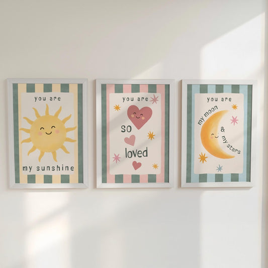 Retro Nursery Wall Art Set - Sunshine Moon Heart Prints with Optional Frames - RoseRowanDesign - 