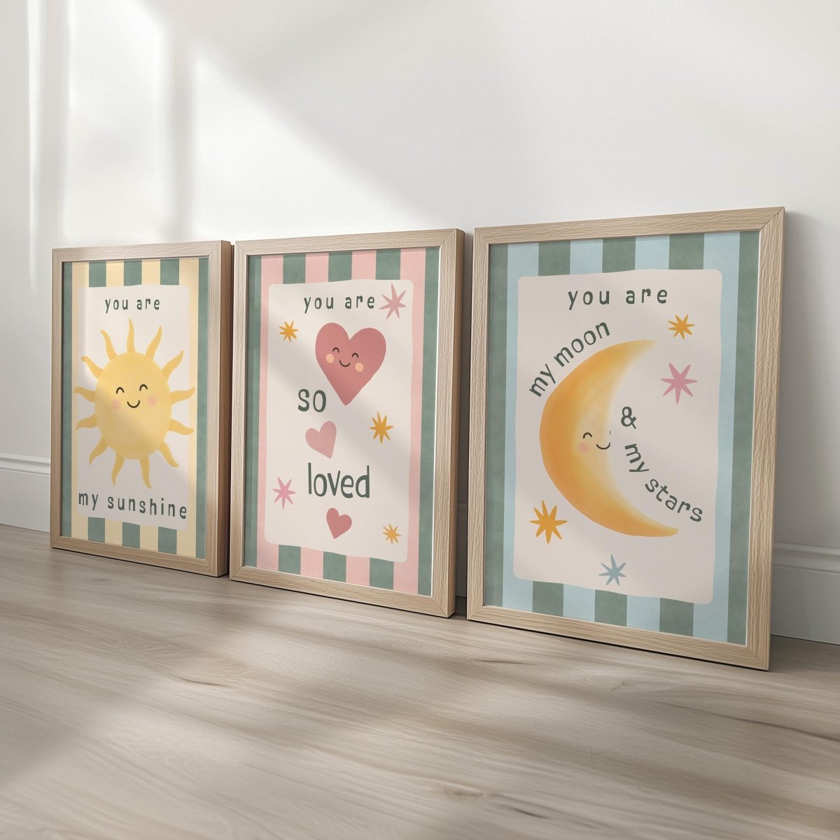 Retro Nursery Wall Art Set - Sunshine Moon Heart Prints with Optional Frames - RoseRowanDesign - 