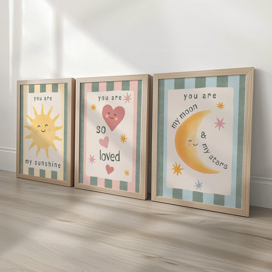 Retro Nursery Wall Art Set - Sunshine Moon Heart Prints with Optional Frames - RoseRowanDesign - 