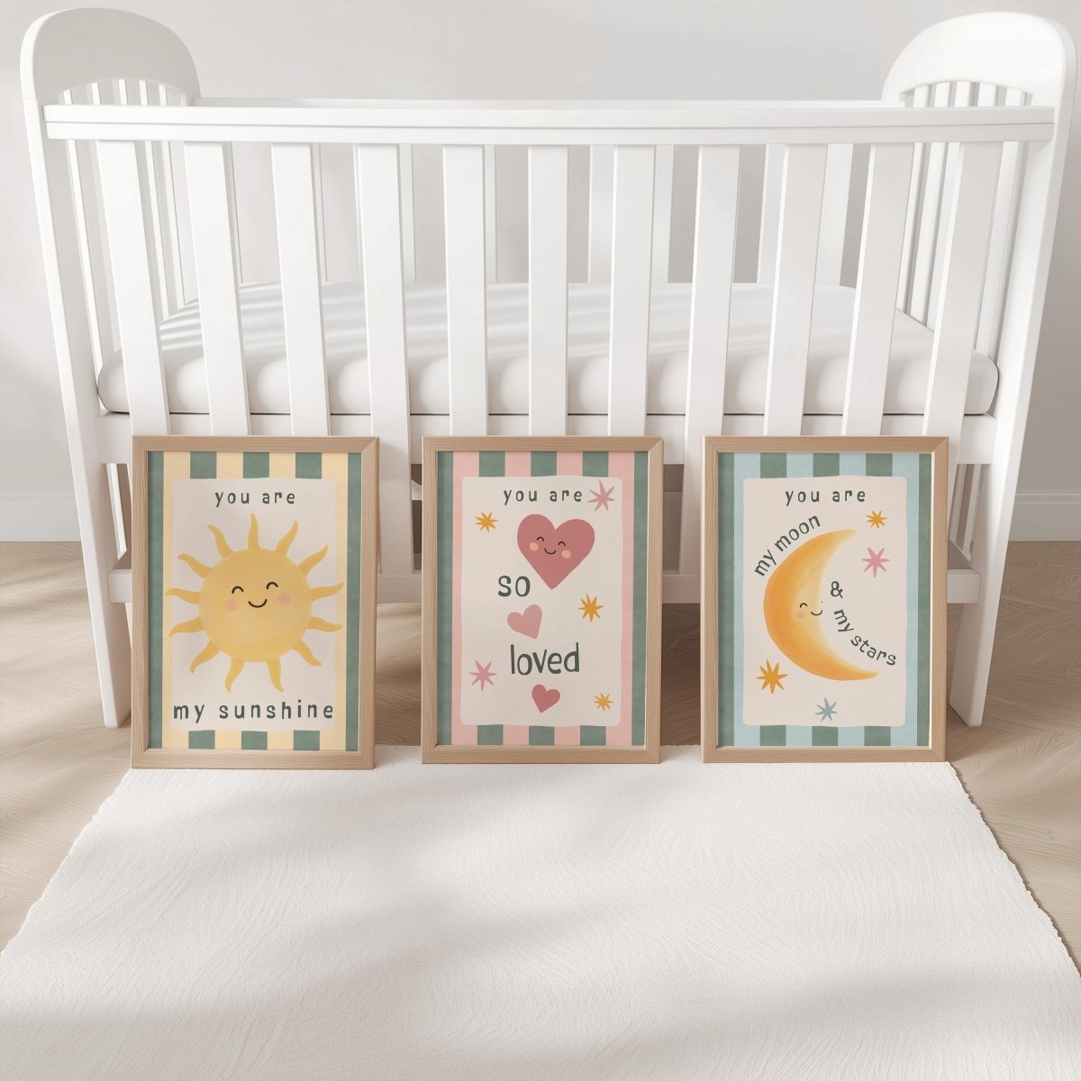 Retro Nursery Wall Art Set - Sunshine Moon Heart Prints with Optional Frames - RoseRowanDesign - 