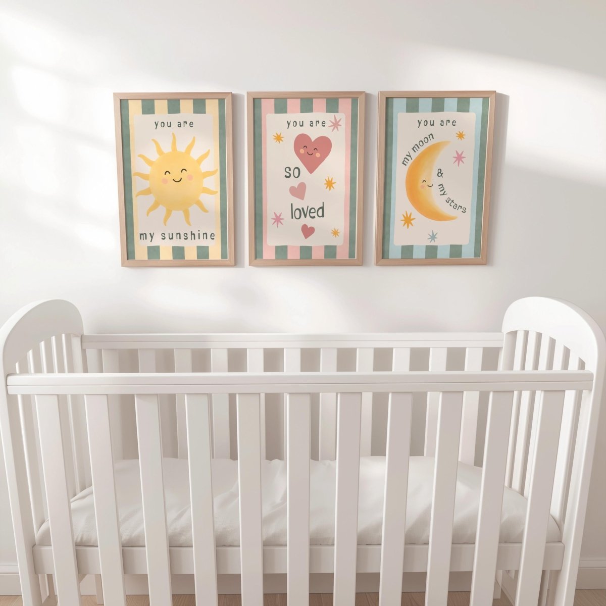 Retro Nursery Wall Art Set - Sunshine Moon Heart Prints with Optional Frames - RoseRowanDesign - 