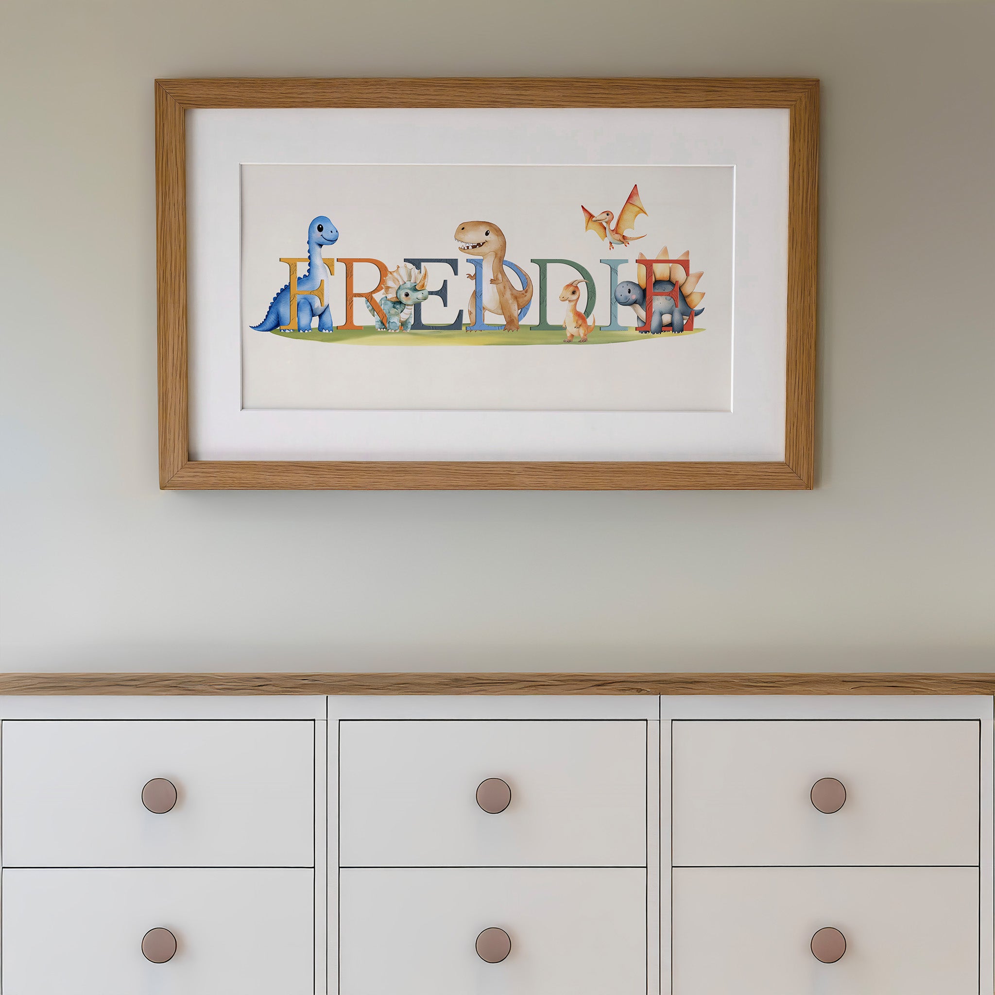 Personalised Panoramic Framed Print | Dinosaur | Oak or White Frame with Mount Included - RoseRowanDesign
