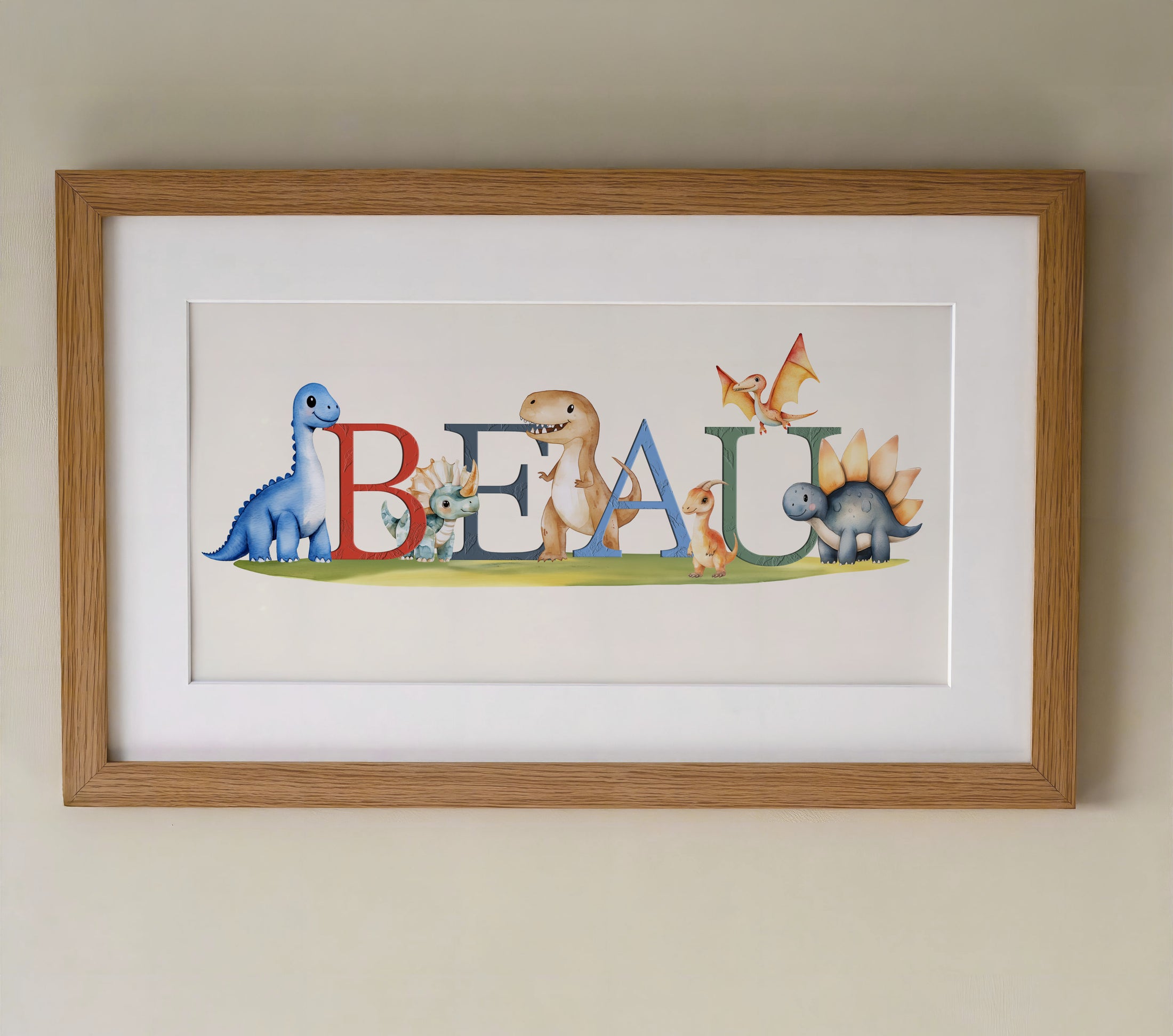 Personalised Panoramic Framed Print | Dinosaur | Oak or White Frame with Mount Included - RoseRowanDesign